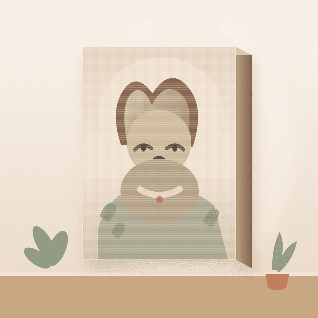 Fictional companion portrait on a cream and terracotta gallery-wrapped canvas with its wrapped edge visible.
