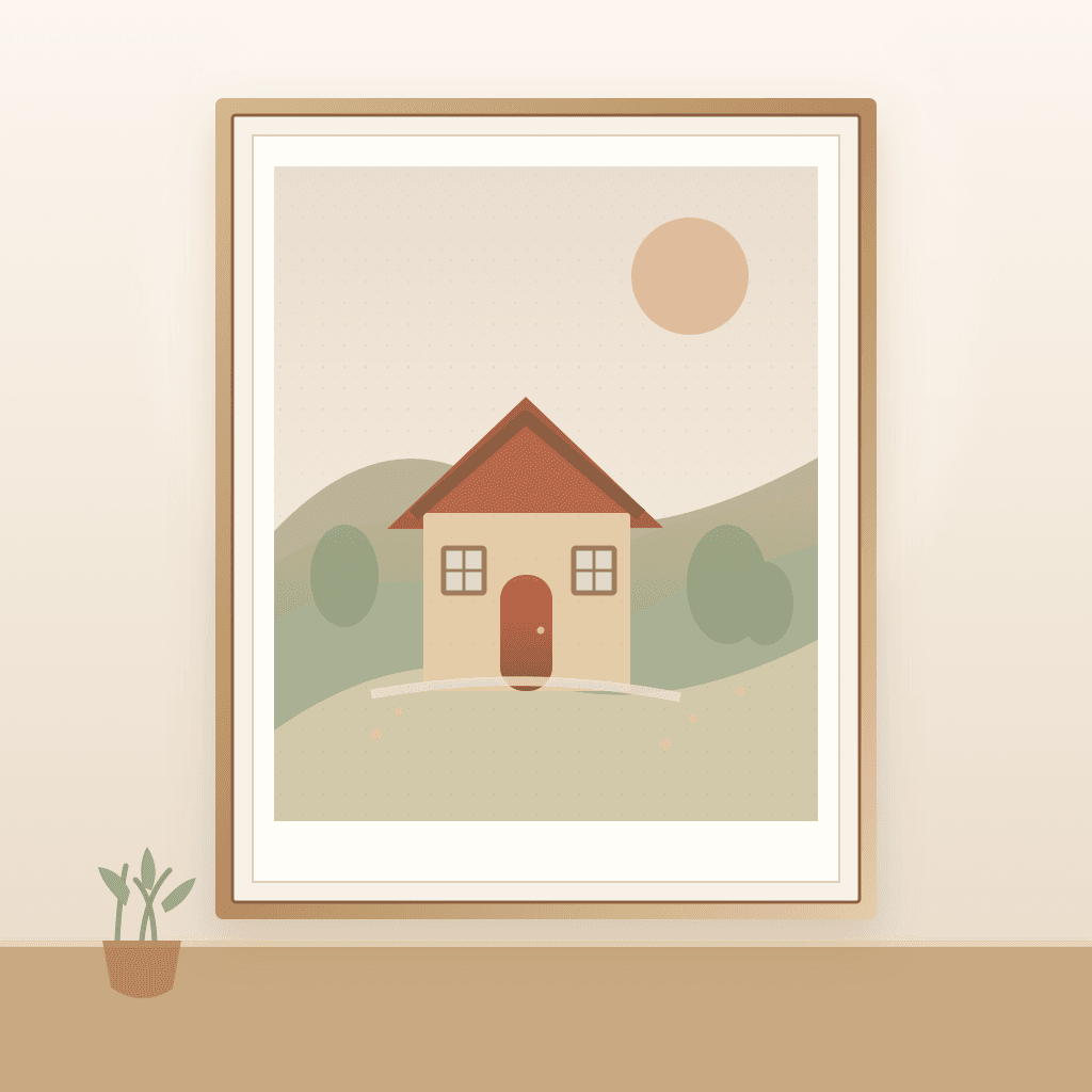 Watercolor of a fictional first home in a light oak framed print displayed against a warm neutral wall.