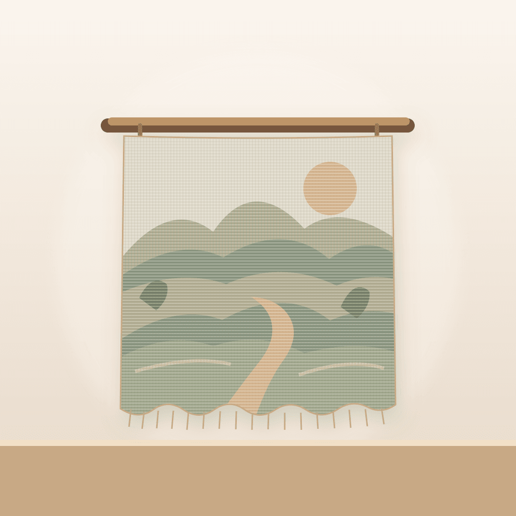 Muted watercolor landscape of an imaginary memory-place printed on a visibly woven tapestry hanging from a wooden dowel.